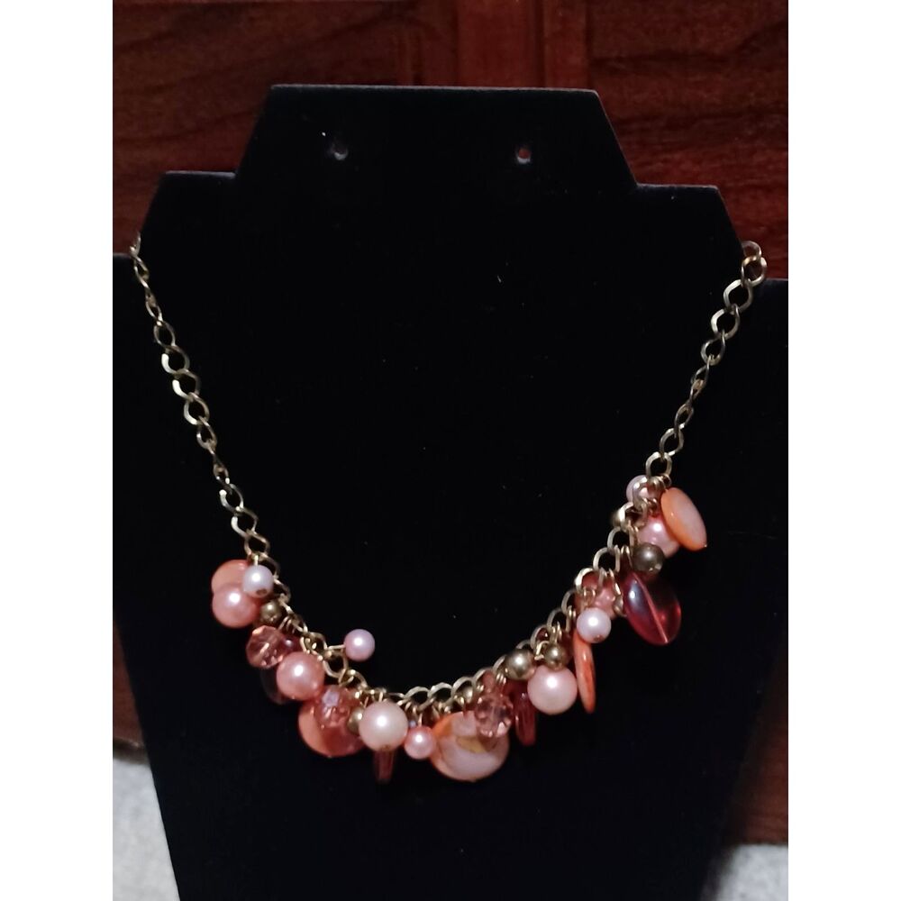 Vintage Gold-Toned Red & Pink Beaded Statement Necklace, 16"